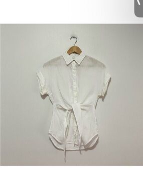 Ralph Lauren White Tie-Front Short Sleeve Button-Up Blouse